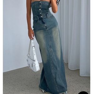 In The Moonlight Denim Maxi Dress Brown Blue Acid Wash